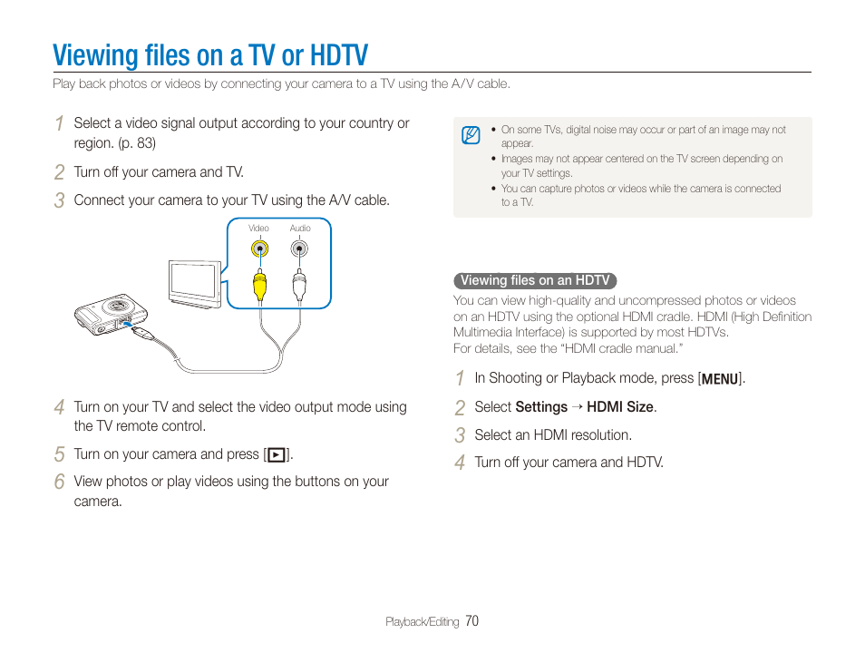 Viewing files on a tv or hdtv, Viewing ﬁles on a tv or hdtv | Samsung TL320 User Manual | Page 71 / 102