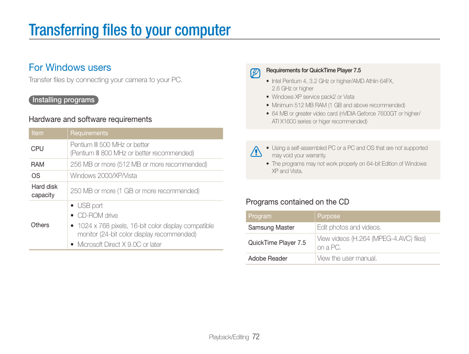 Transferring files to your computer, For windows users, Transferring ﬁles to your computer | For windows users ………………………………………… 72 | Samsung TL320 User Manual | Page 73 / 102
