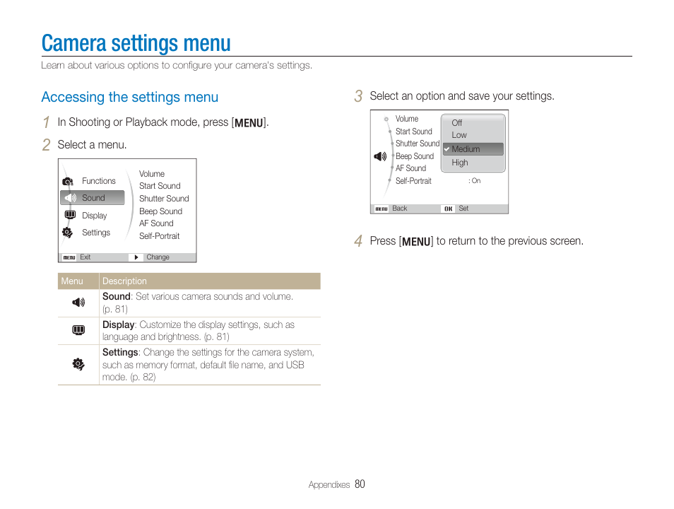 Camera settings menu, Accessing the settings menu, Accessing the settings menu ……………………………… 80 | Samsung TL320 User Manual | Page 81 / 102