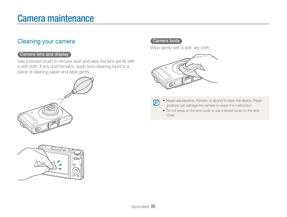 Camera maintenance, Cleaning your camera, Cleaning your camera ……………………………………… 86 | Samsung TL320 User Manual | Page 87 / 102