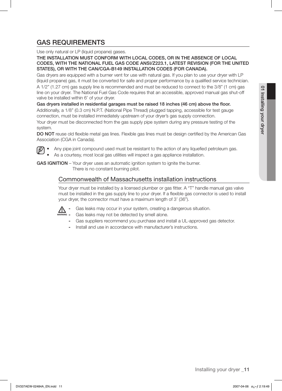 Gas requirements | Samsung DV337 User Manual | Page 11 / 32