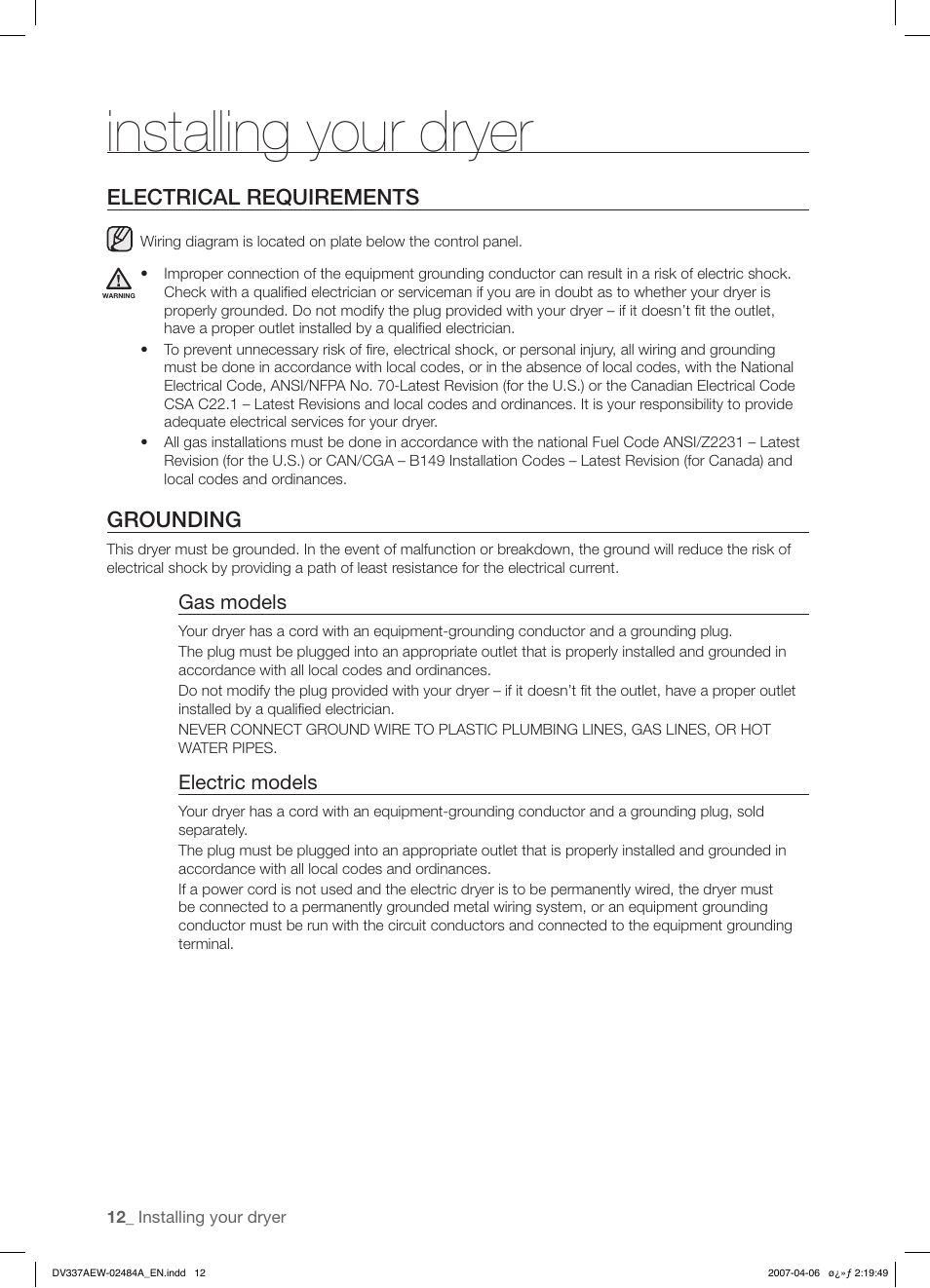 Installing your dryer, Electrical requirements, Grounding | Samsung DV337 User Manual | Page 12 / 32