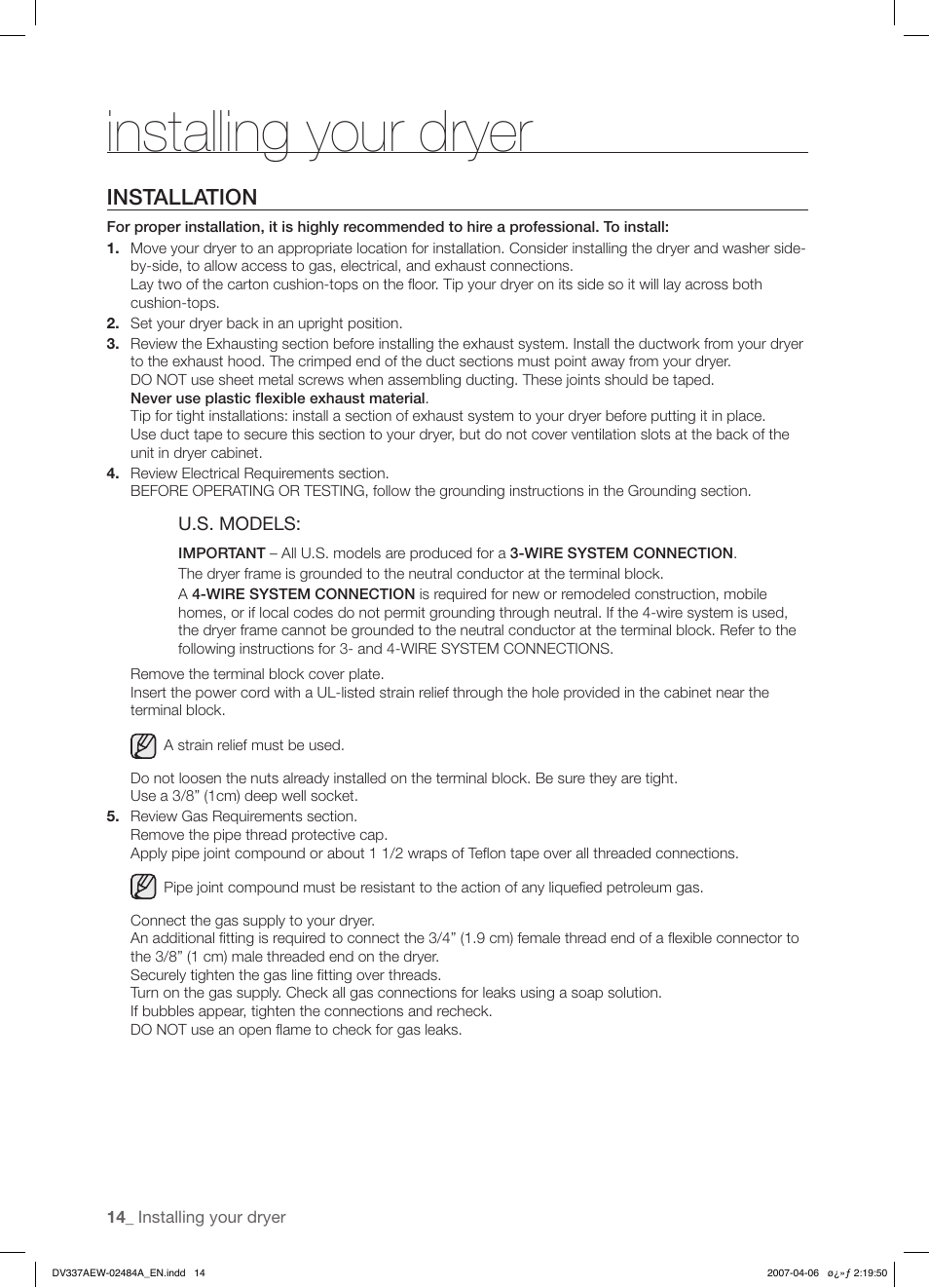 Installing your dryer, Installation | Samsung DV337 User Manual | Page 14 / 32