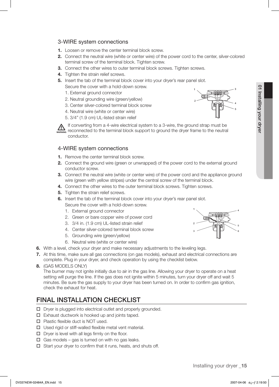Final installation checklist, Wire system connections | Samsung DV337 User Manual | Page 15 / 32