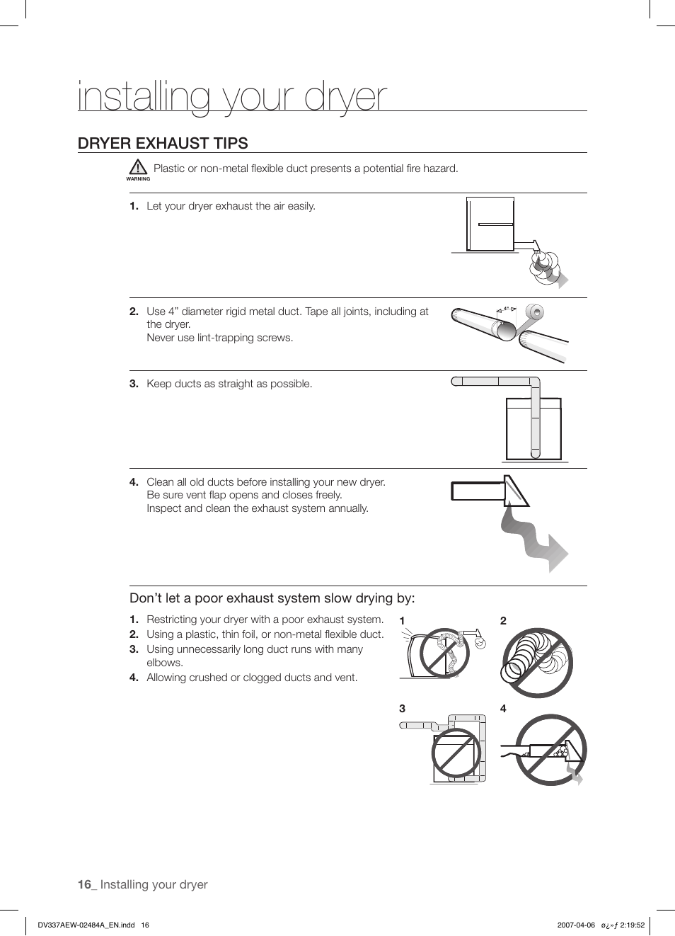 Installing your dryer, Dryer exhaust tips | Samsung DV337 User Manual | Page 16 / 32