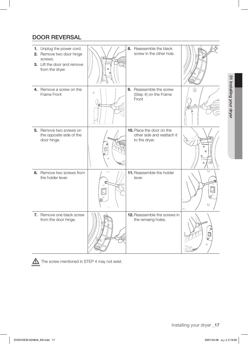 Door reversal | Samsung DV337 User Manual | Page 17 / 32