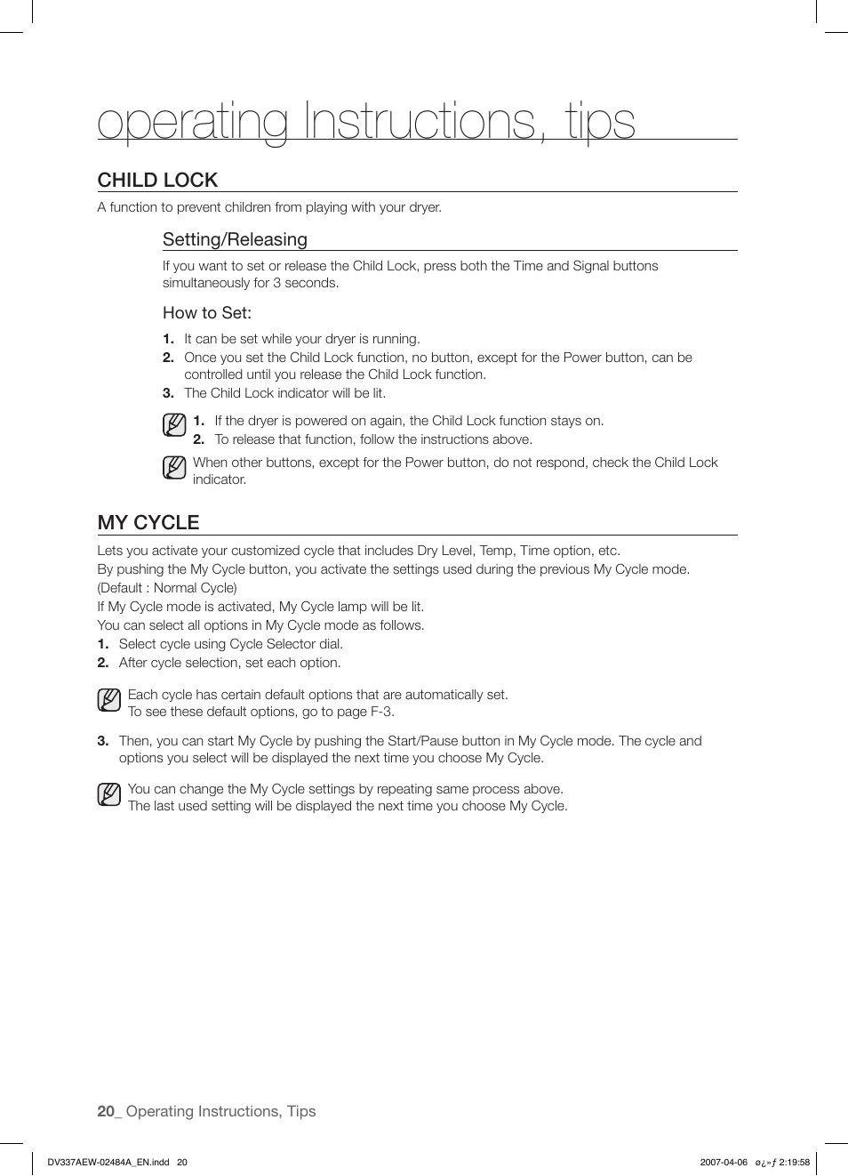 Operating instructions, tips, Child lock, My cycle | Samsung DV337 User Manual | Page 20 / 32