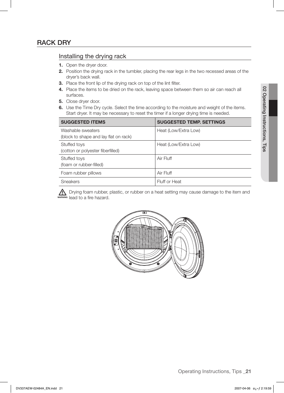 Rack dry, Installing the drying rack | Samsung DV337 User Manual | Page 21 / 32