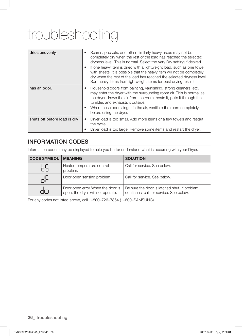 Troubleshooting, Information codes | Samsung DV337 User Manual | Page 26 / 32