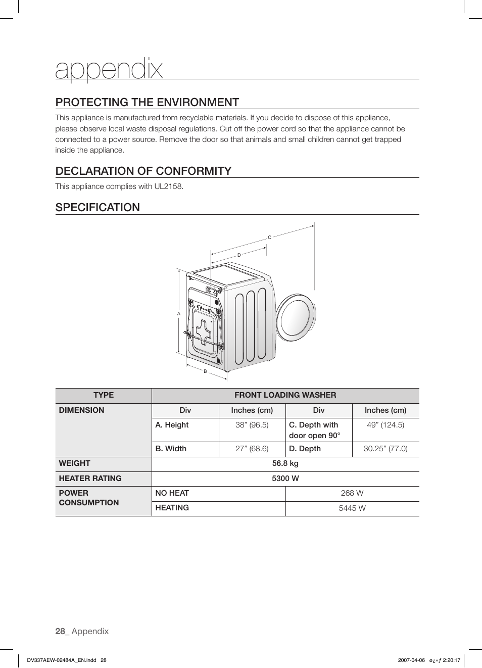 Appendix, Protecting the environment, Declaration of conformity | Specification | Samsung DV337 User Manual | Page 28 / 32