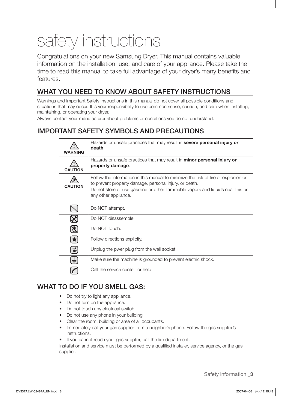 Safety instructions, What you need to know about safety instructions, Important safety symbols and precautions | What to do if you smell gas | Samsung DV337 User Manual | Page 3 / 32