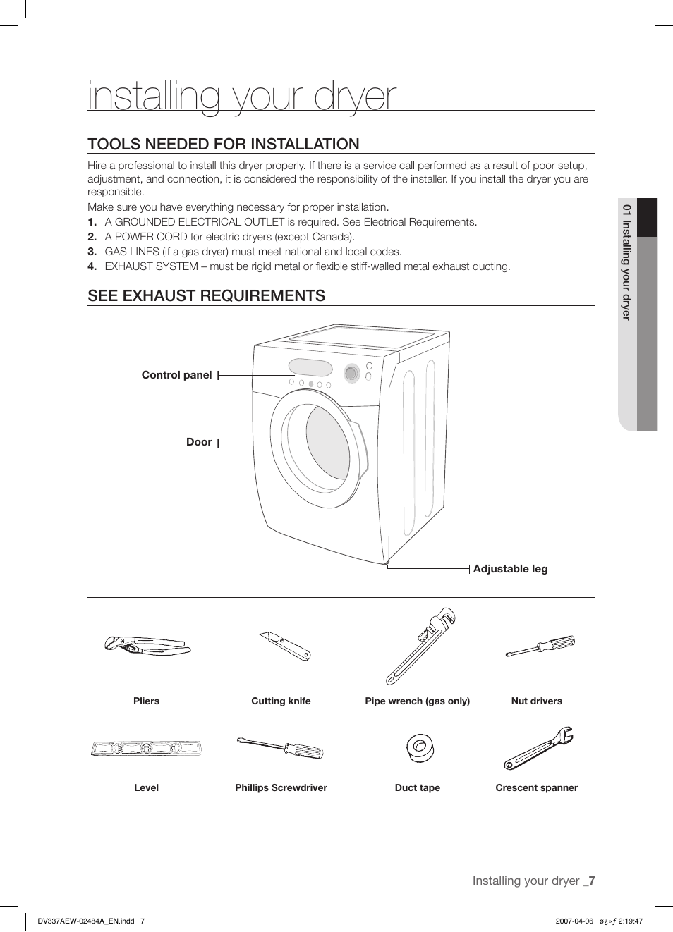 Installing your dryer, Tools needed for installation, See exhaust requirements | Samsung DV337 User Manual | Page 7 / 32