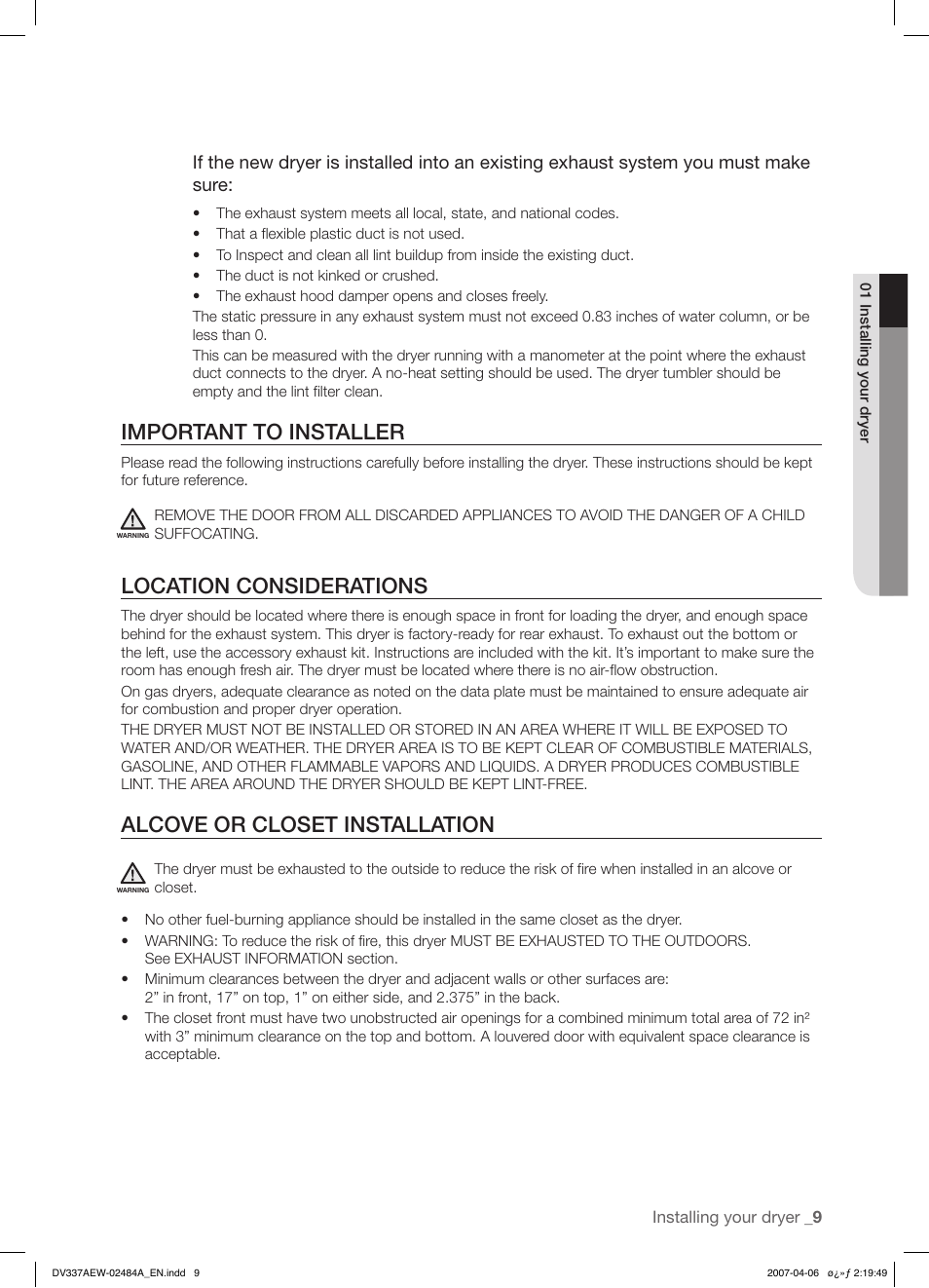 Important to installer, Location considerations, Alcove or closet installation | Samsung DV337 User Manual | Page 9 / 32