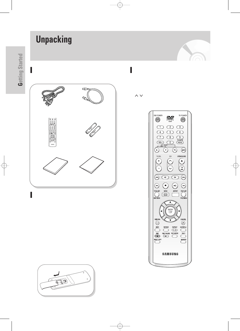 Unpacking, Getting started, 12 - english | Accessories, Preparing the remote control, Setting the remote control | Samsung DVD-TR520 User Manual | Page 12 / 115