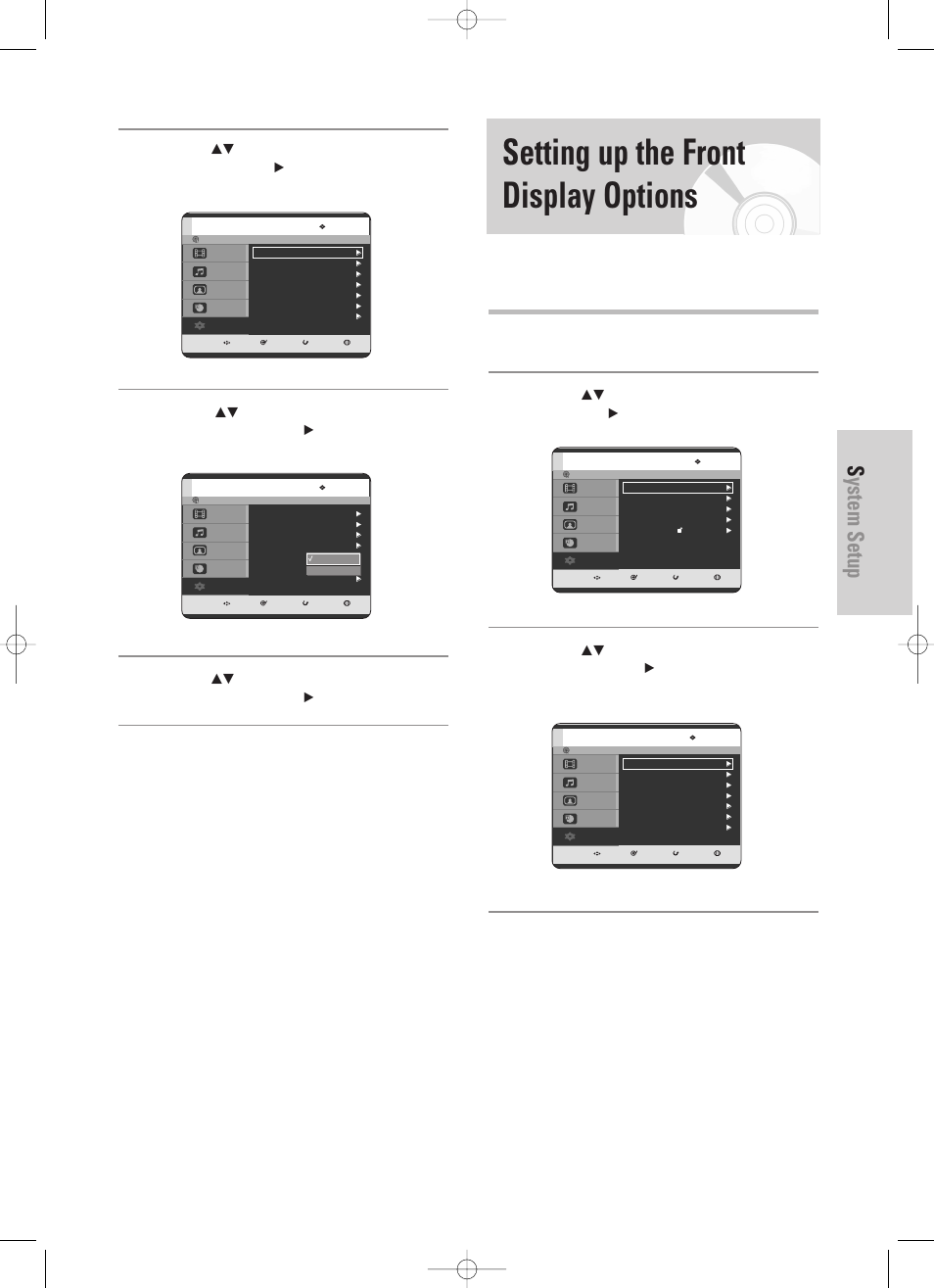 Setting up the front display options, System setup, English - 33 | Samsung DVD-TR520 User Manual | Page 33 / 115