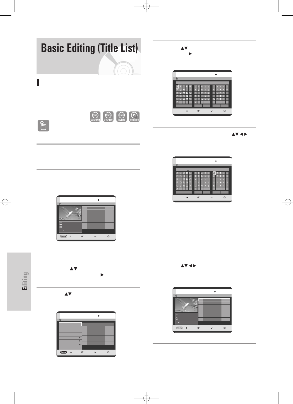 Basic editing (title list), Editing, 82 - english | Renaming(labeling) a title, Using the title list button, Using the menu button | Samsung DVD-TR520 User Manual | Page 82 / 115