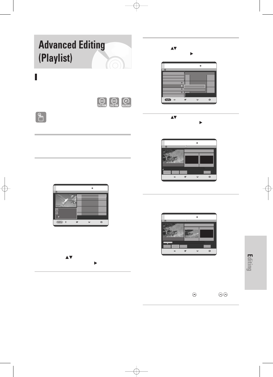 Advanced editing(playlist), Advanced editing (playlist), Editing | English - 87, Creating a playlist, Using the title list button, Using the menu button, Vr mode) | Samsung DVD-TR520 User Manual | Page 87 / 115