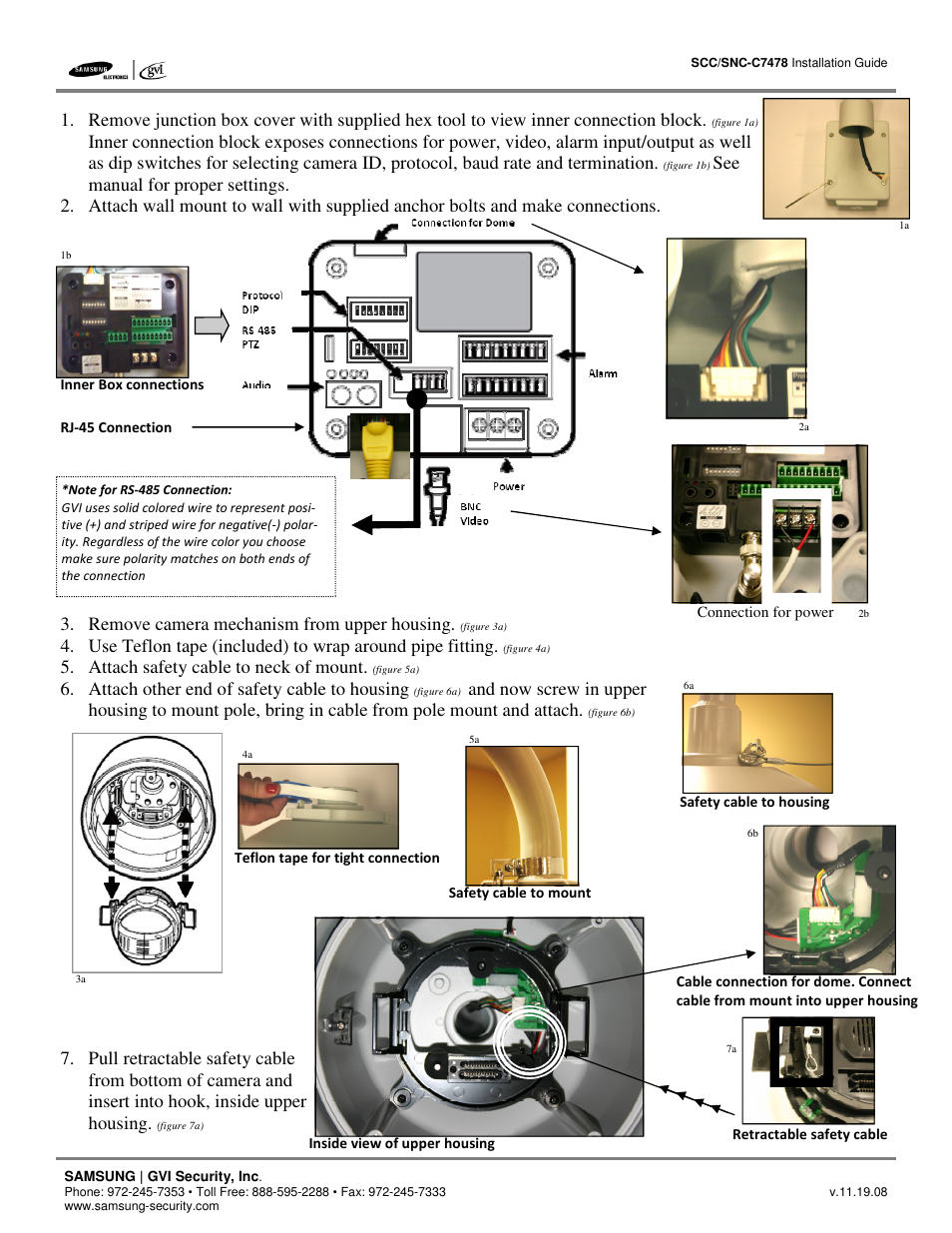 Remove camera mechanism from upper housing, Attach safety cable to neck of mount, Attach other end of safety cable to housing | Samsung SCC/SNC-C7478 User Manual | Page 2 / 5