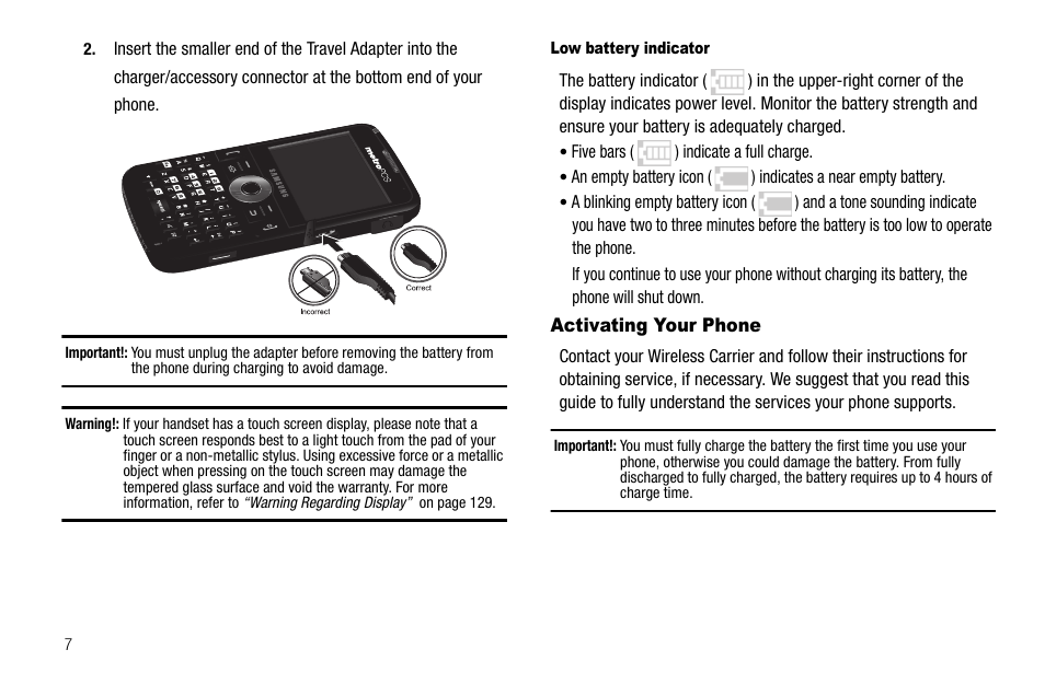 Low battery indicator, Activating your phone | Samsung Code SCH-i220 User Manual | Page 10 / 161