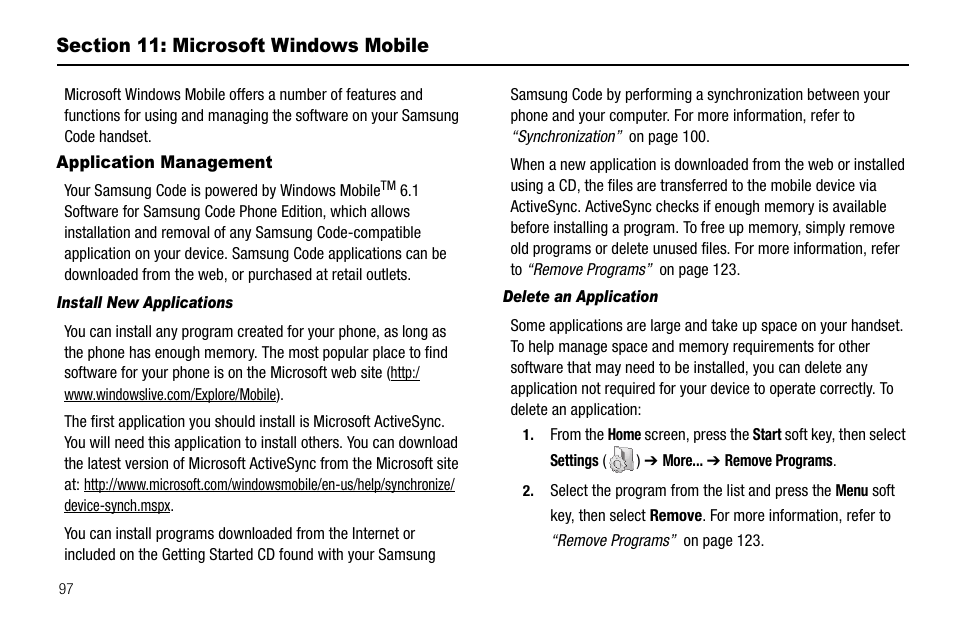 Section 11: microsoft windows mobile, Application management, Install new applications | Delete an application | Samsung Code SCH-i220 User Manual | Page 100 / 161