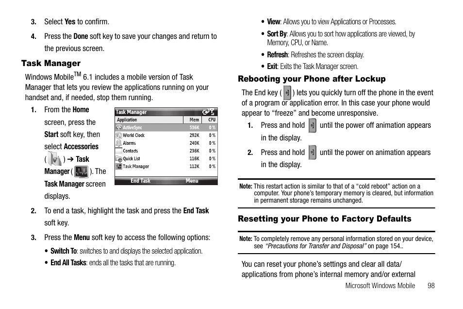 Task manager, Rebooting your phone after lockup, Resetting your phone to factory defaults | Samsung Code SCH-i220 User Manual | Page 101 / 161