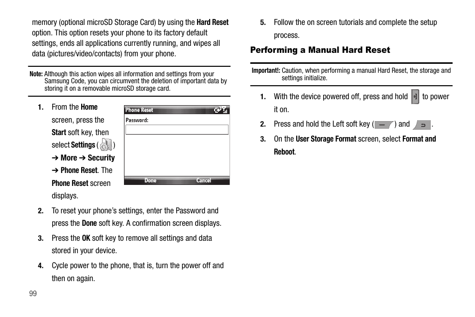 Performing a manual hard reset | Samsung Code SCH-i220 User Manual | Page 102 / 161