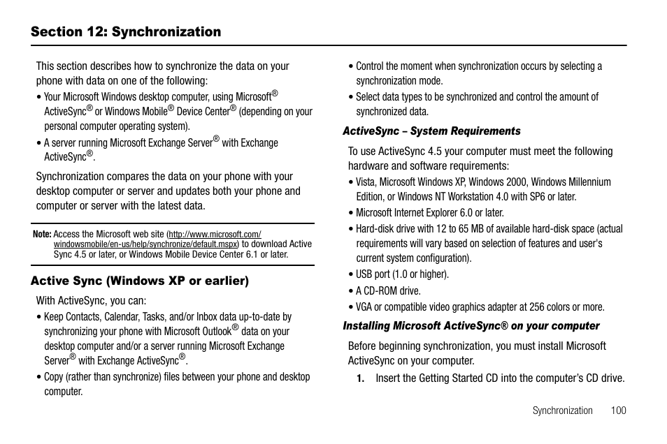 Section 12: synchronization, Active sync (windows xp or earlier), Activesync – system requirements | Installing microsoft activesync® on your computer | Samsung Code SCH-i220 User Manual | Page 103 / 161