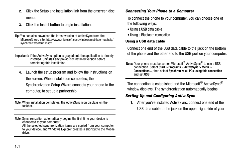 Connecting your phone to a computer, Using a usb data cable, Setting up and configuring activesync | Samsung Code SCH-i220 User Manual | Page 104 / 161