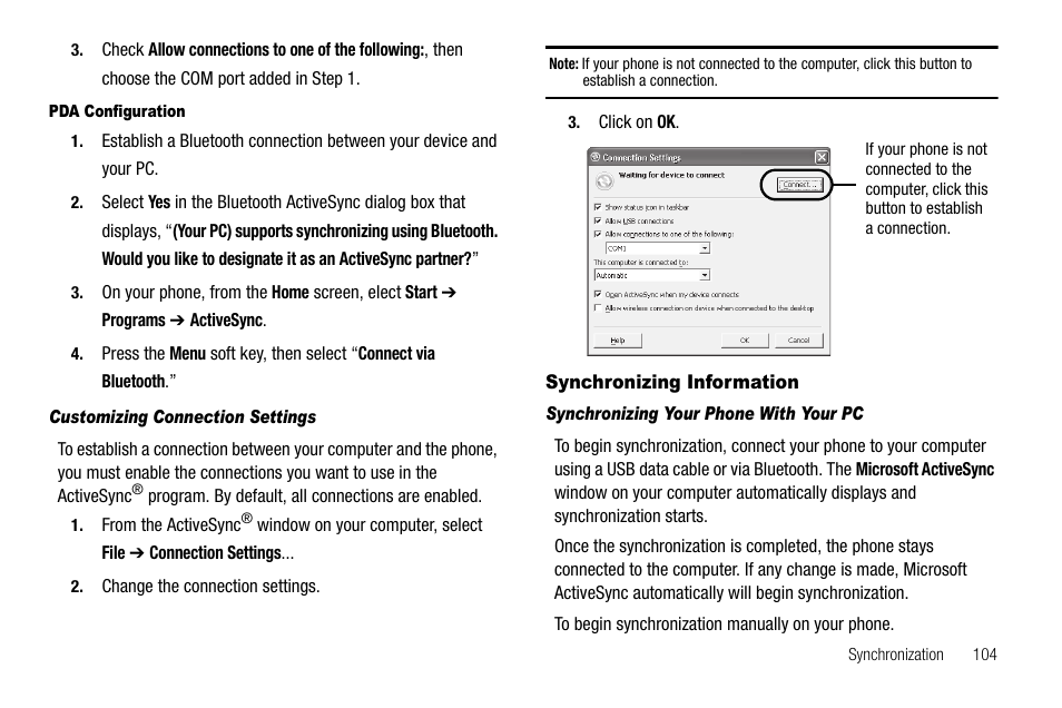 Pda configuration, Customizing connection settings, Synchronizing information | Synchronizing your phone with your pc | Samsung Code SCH-i220 User Manual | Page 107 / 161