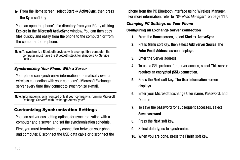 Synchronizing your phone with a server, Customizing synchronization settings, Changing pc settings on your phone | Configuring an exchange server connection | Samsung Code SCH-i220 User Manual | Page 108 / 161