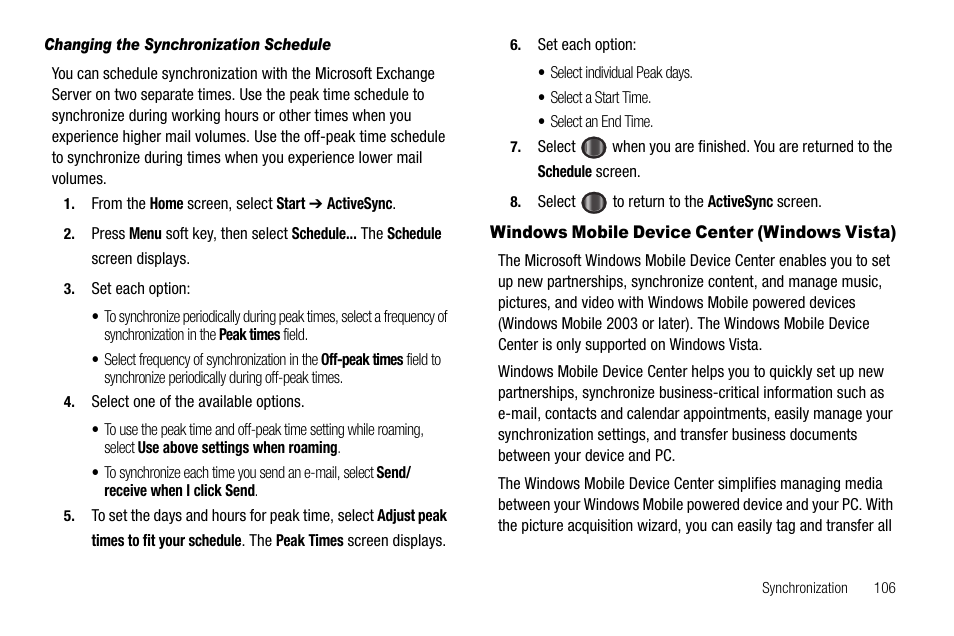 Changing the synchronization schedule, Windows mobile device center (windows vista) | Samsung Code SCH-i220 User Manual | Page 109 / 161