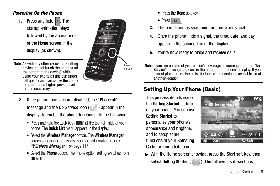 Powering on the phone, Setting up your phone (basic) | Samsung Code SCH-i220 User Manual | Page 11 / 161