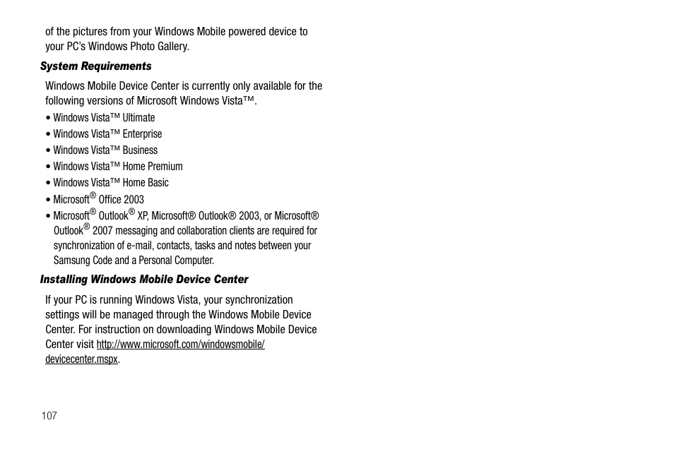 System requirements, Installing windows mobile device center | Samsung Code SCH-i220 User Manual | Page 110 / 161