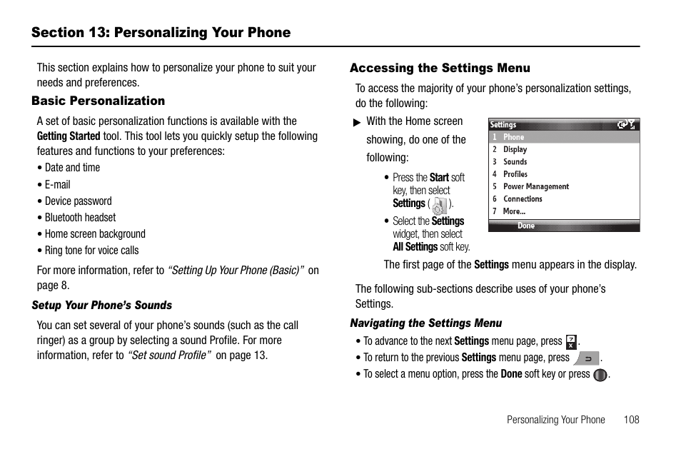 Section 13: personalizing your phone, Basic personalization, Setup your phone’s sounds | Accessing the settings menu, Navigating the settings menu, Basic personalization accessing the settings menu | Samsung Code SCH-i220 User Manual | Page 111 / 161