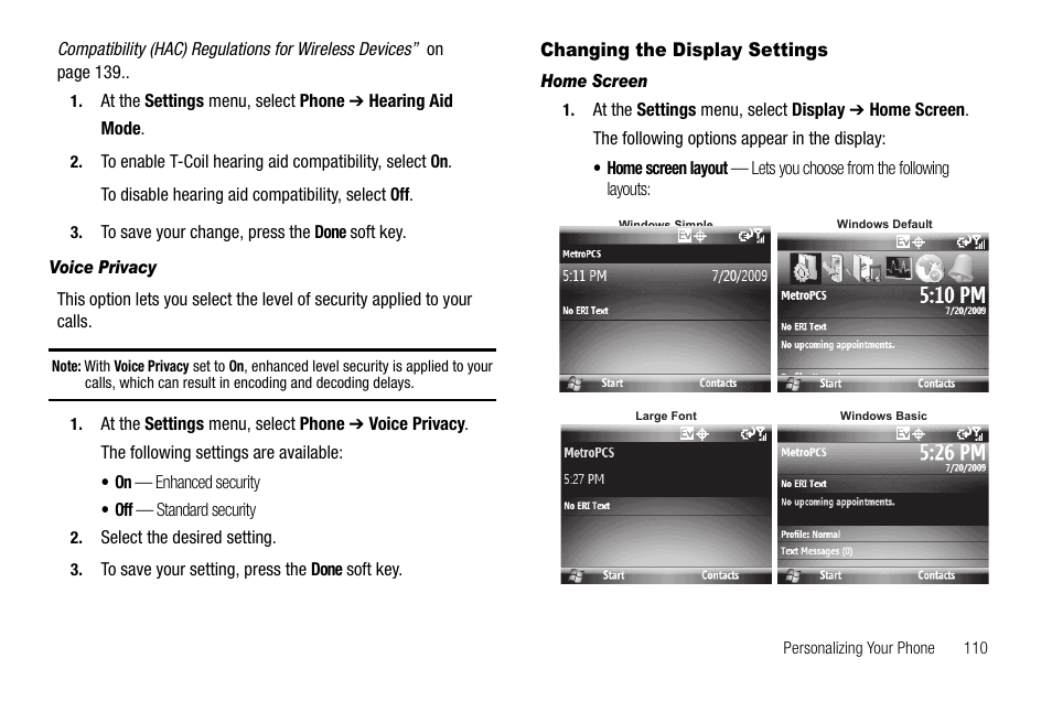 Voice privacy, Changing the display settings, Home screen | Screen. for more | Samsung Code SCH-i220 User Manual | Page 113 / 161