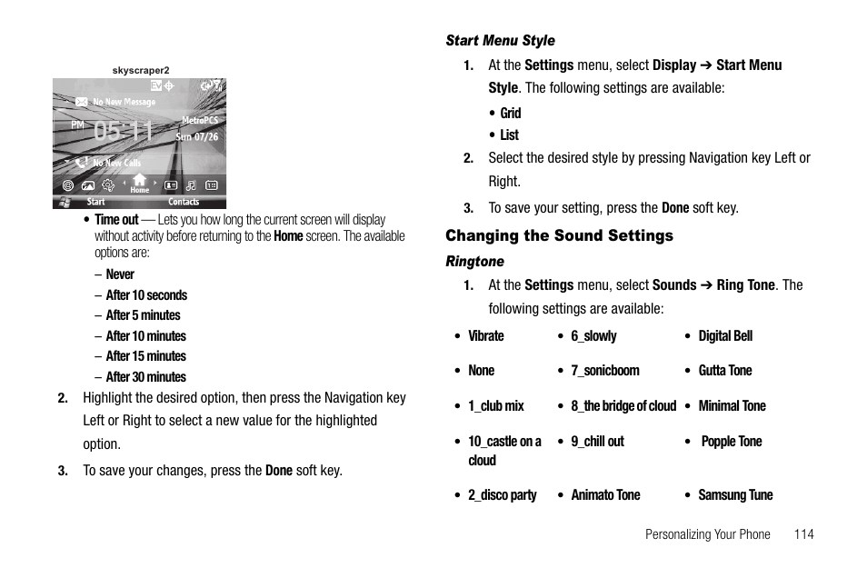 Start menu style, Changing the sound settings, Ringtone | Samsung Code SCH-i220 User Manual | Page 117 / 161