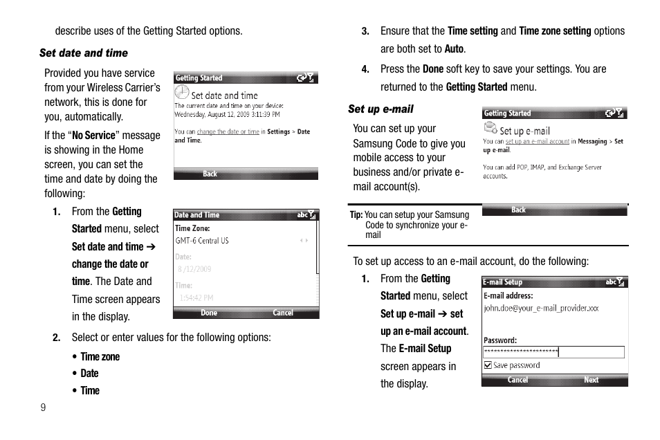 Set date and time, Set up e-mail | Samsung Code SCH-i220 User Manual | Page 12 / 161