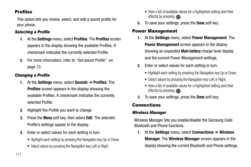 Profiles, Selecting a profile, Changing a profile | Power management, Connections, Wireless manager, Profiles power management connections | Samsung Code SCH-i220 User Manual | Page 120 / 161