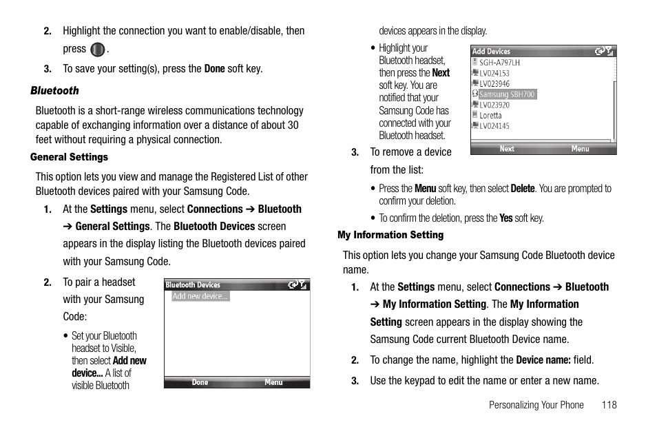 Bluetooth, General settings, My information setting | For more | Samsung Code SCH-i220 User Manual | Page 121 / 161