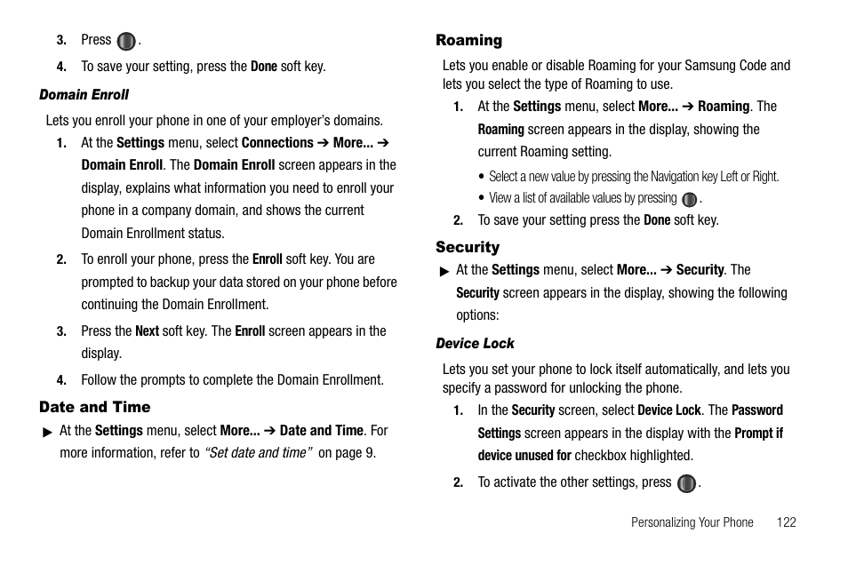 Domain enroll, Date and time, Roaming | Security, Device lock, Date and time roaming security | Samsung Code SCH-i220 User Manual | Page 125 / 161