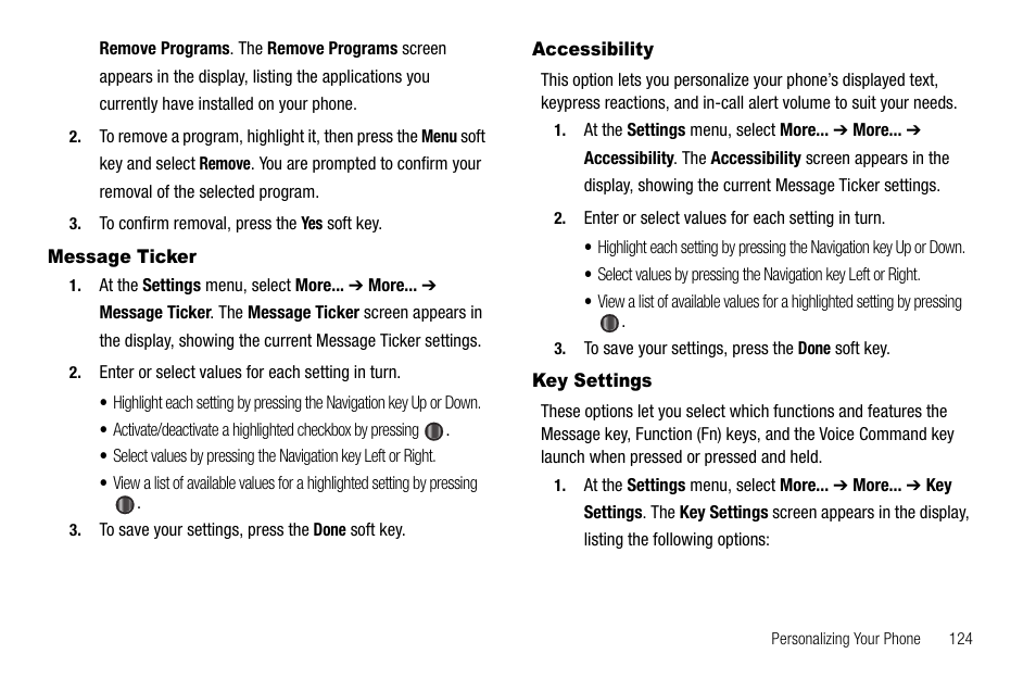 Message ticker, Accessibility, Key settings | Message ticker accessibility key settings | Samsung Code SCH-i220 User Manual | Page 127 / 161