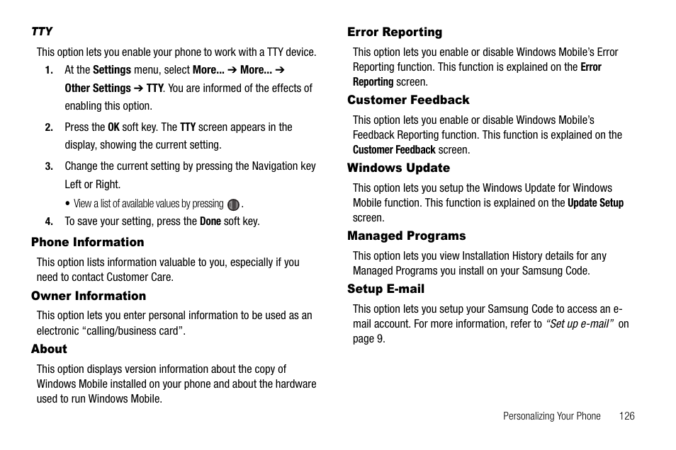 Phone information, Owner information, About | Error reporting, Customer feedback, Windows update, Managed programs, Setup e-mail | Samsung Code SCH-i220 User Manual | Page 129 / 161