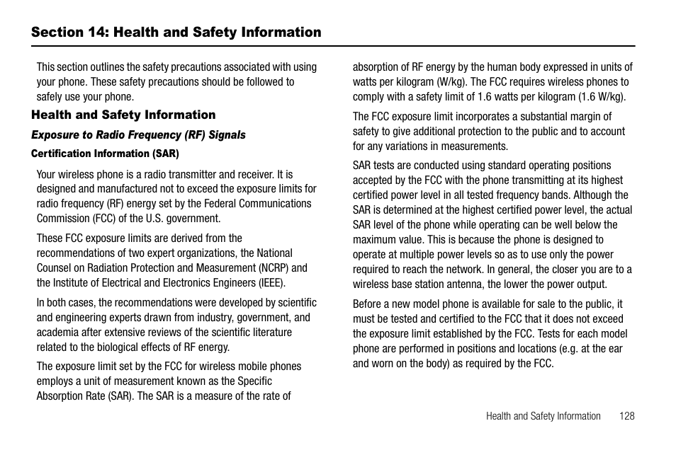 Section 14: health and safety information, Health and safety information, Exposure to radio frequency (rf) signals | Certification information (sar) | Samsung Code SCH-i220 User Manual | Page 131 / 161