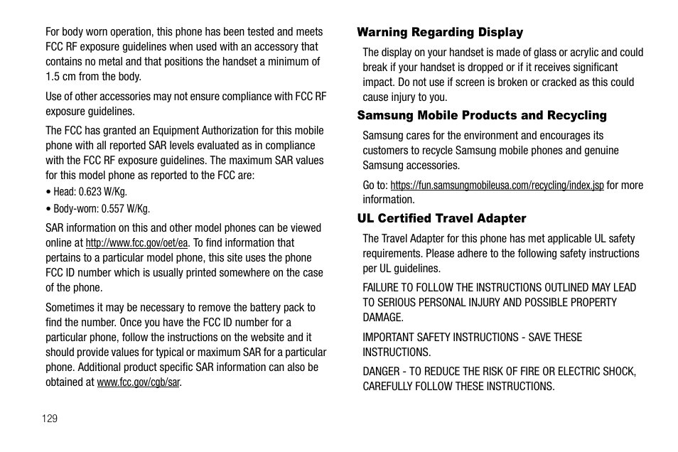 Warning regarding display, Samsung mobile products and recycling, Ul certified travel adapter | Samsung Code SCH-i220 User Manual | Page 132 / 161