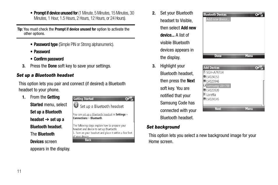 Set up a bluetooth headset, Set background | Samsung Code SCH-i220 User Manual | Page 14 / 161