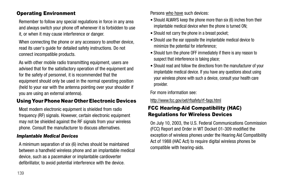Operating environment, Using your phone near other electronic devices, Implantable medical devices | For wireless devices | Samsung Code SCH-i220 User Manual | Page 142 / 161