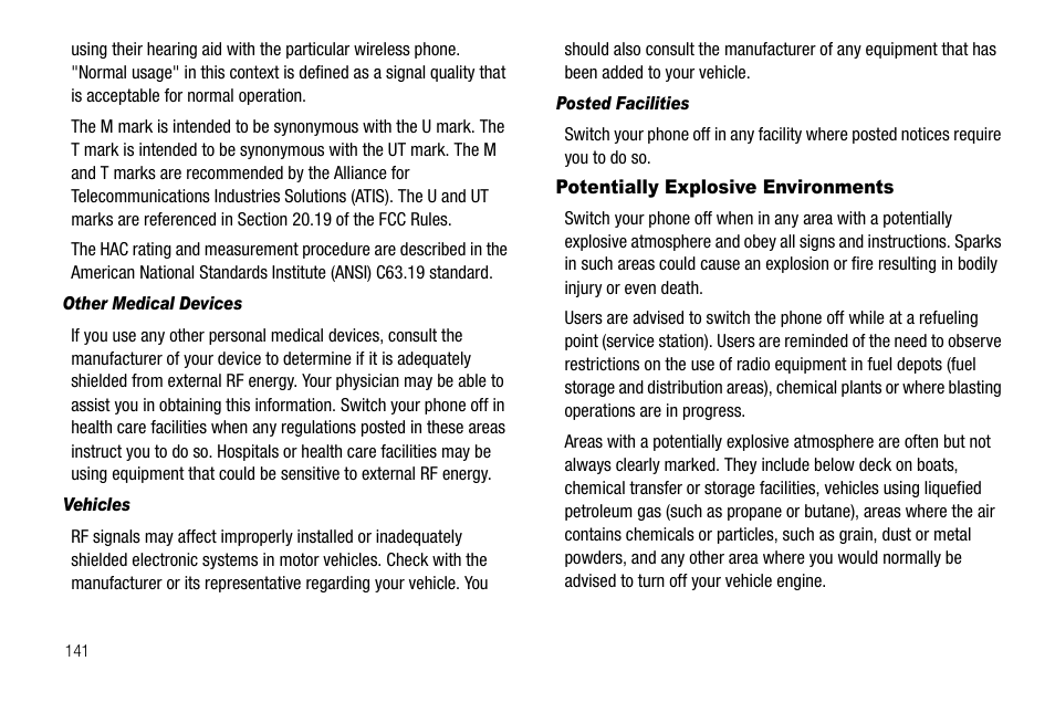 Other medical devices, Vehicles, Posted facilities | Potentially explosive environments | Samsung Code SCH-i220 User Manual | Page 144 / 161