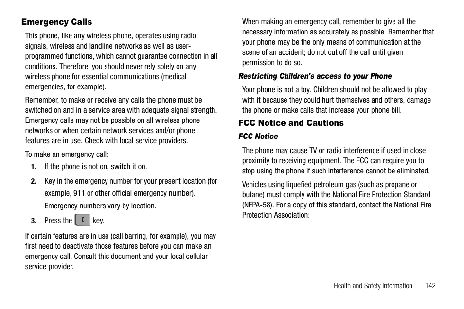 Emergency calls, Restricting children's access to your phone, Fcc notice and cautions | Fcc notice, Emergency calls fcc notice and cautions | Samsung Code SCH-i220 User Manual | Page 145 / 161