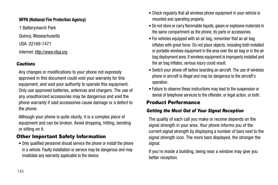 Cautions, Other important safety information, Product performance | Getting the most out of your signal reception | Samsung Code SCH-i220 User Manual | Page 146 / 161