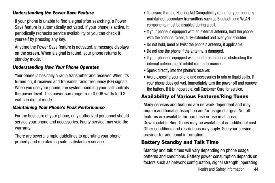 Understanding the power save feature, Understanding how your phone operates, Maintaining your phone's peak performance | Availability of various features/ring tones, Battery standby and talk time | Samsung Code SCH-i220 User Manual | Page 147 / 161